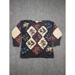 Vintage Paris Sport Club Sweater‎ M Hand Knitted Floral Diamond Chunky Cottage